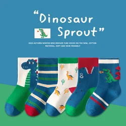 5 Pairs/pack Autumn Socks Children's Cotton Socks Cartoon Dinosaur Pattern Kids Boys Crew Socks