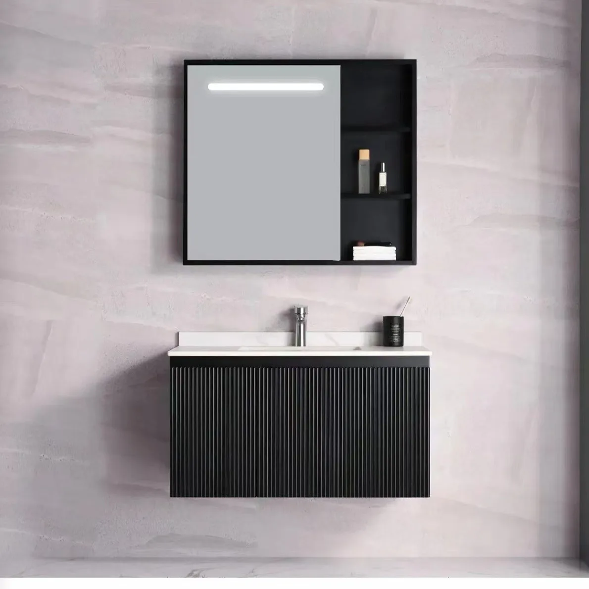 

Новый черный шкаф для ванной комнаты из ПВХ, водонепроницаемая, встроенная керамическая раковина, комбинированная ванная комната