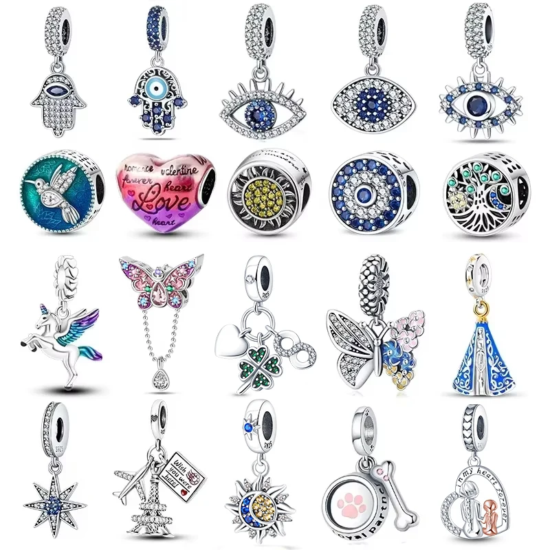 For 3mm 925 Original Bracelet Fashion evil eye Astronaut Eiffel Tower 925 Silver Charms Beads Fine DIY Birthday Jewelry