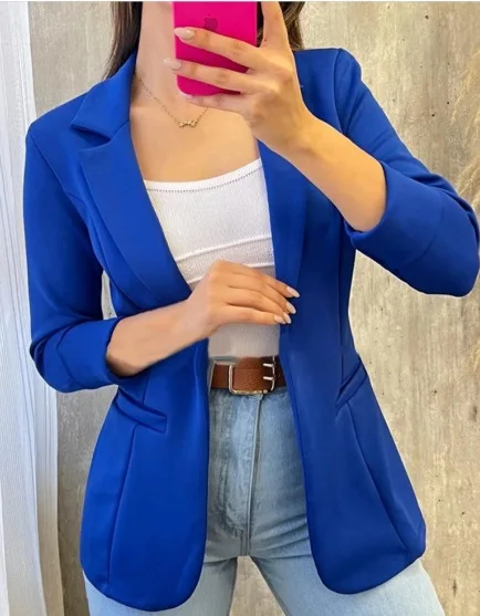 Office Elegant Pure Color Long Sleeve Coat Women Spring Autumn Casual Pocket Suit Jacket 2023 Pink Open Stitch Coats