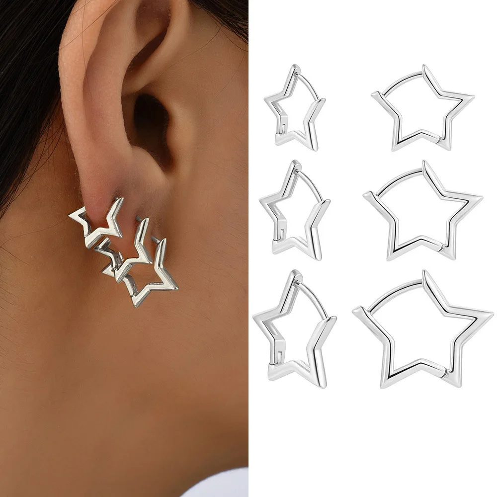 6Pcs/Set Fashion Simple Smooth Star Hoop Earrings for Women European Unisex Piercing Gothic Rock Jewelry Ear Buckles