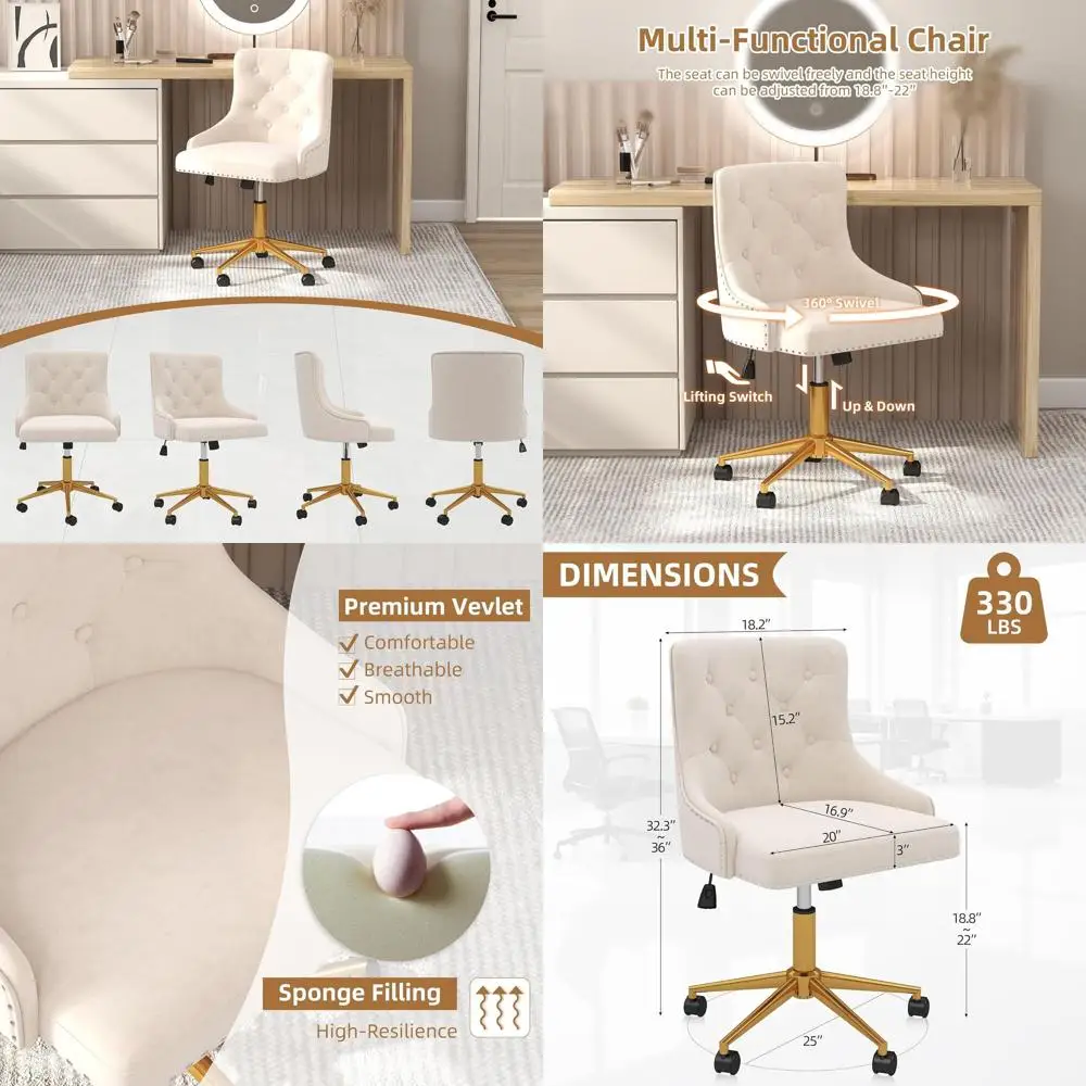 

Бежевое бархатное вращающееся кресло для макияжа с обитой стеганой спинкой, регулируемой высотой, золотым основанием, на колесиках, для спальни или гостиной