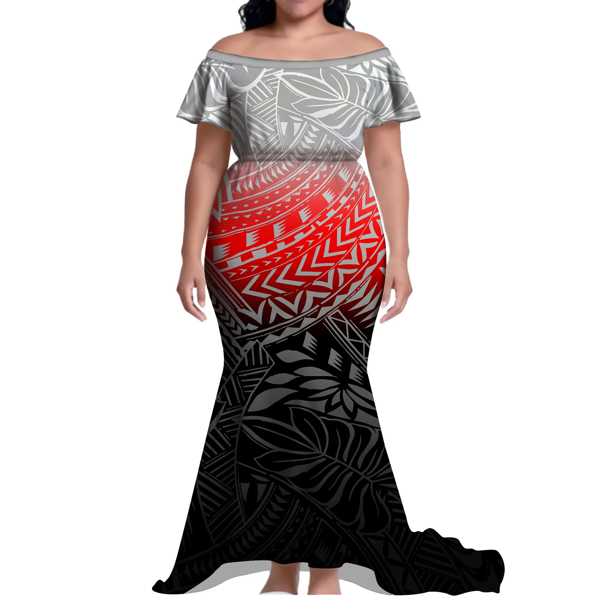 فستان صيفي مريح بكتف واحد وذيل السمكة طويل بطول الأرض فستان نسائي نمط مخصص بولينيزي #4