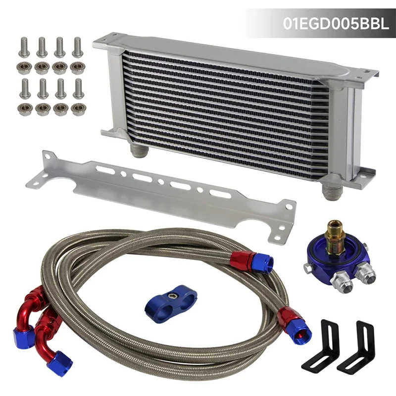 16 Row 248mm AN10 Universal Engine Transmission Oil Cooler w/Bracket + Aluminum Filter Hose End Kit Blue/Black