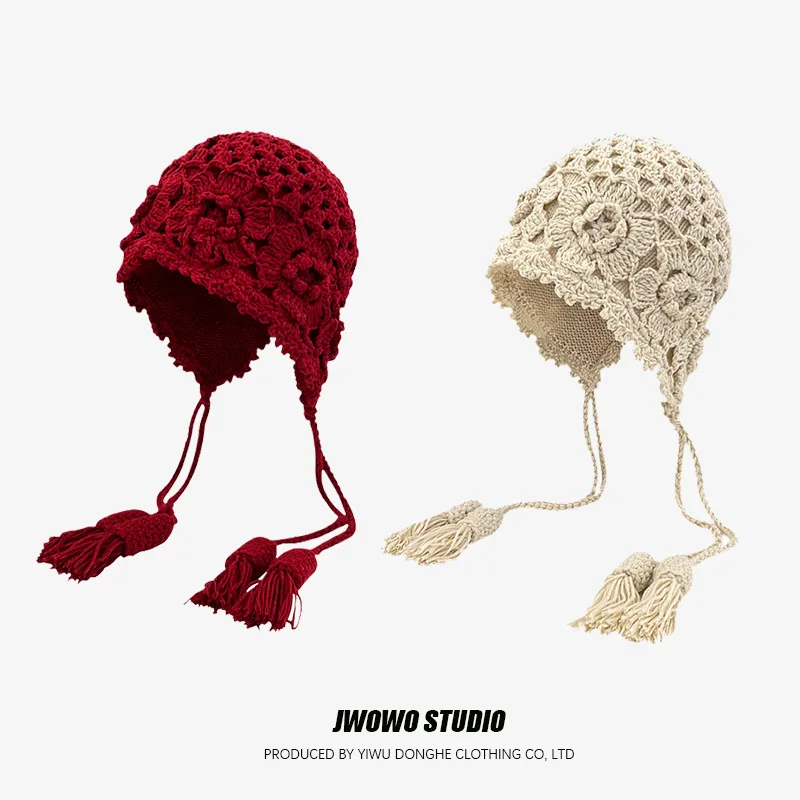 Hand Woven Hollowed-out Flower Double Layer Tassel Braided Woolen Hat Autumn Bohemian Warm Knitted Outdoor Ear Protecting Cap