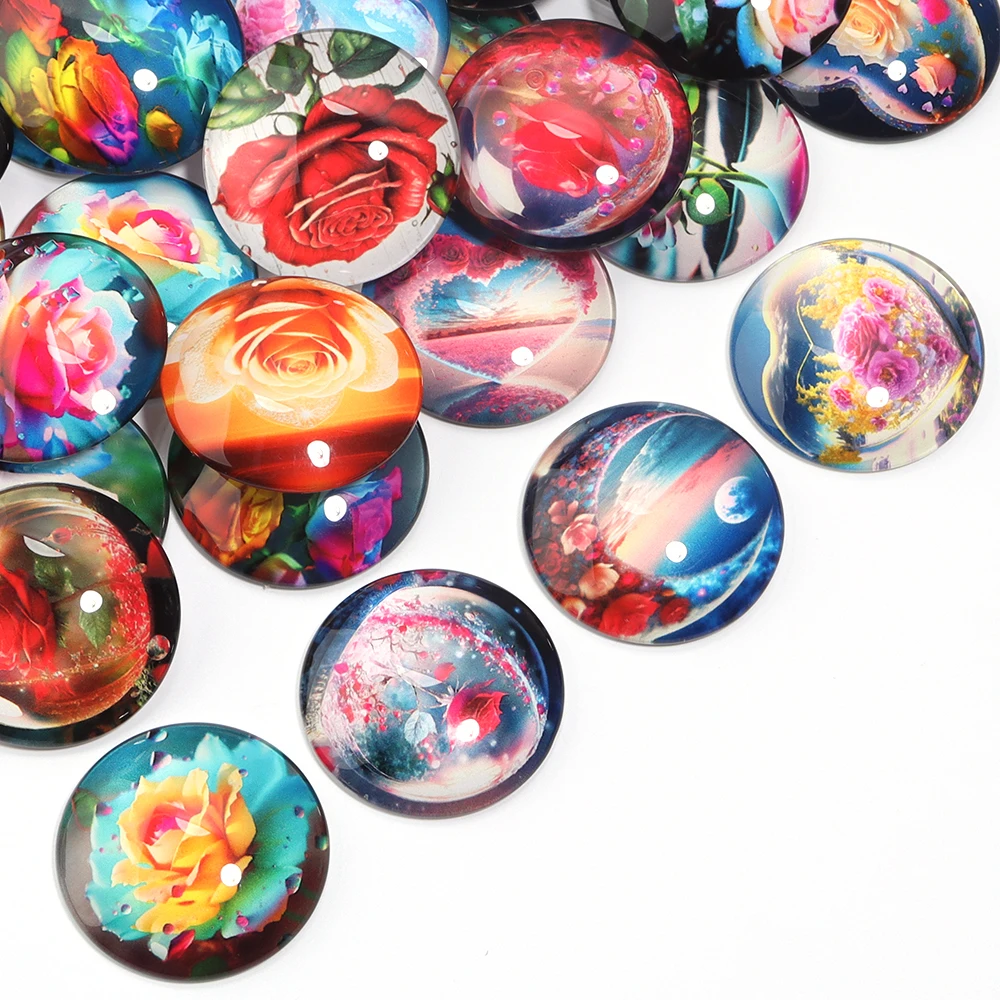 10pcs/lot Rose Pattern Glass Cabochon Beads Half of Round Cabochon Beads Necklace Ring Decoration DIY Jewelry Making Accessories
