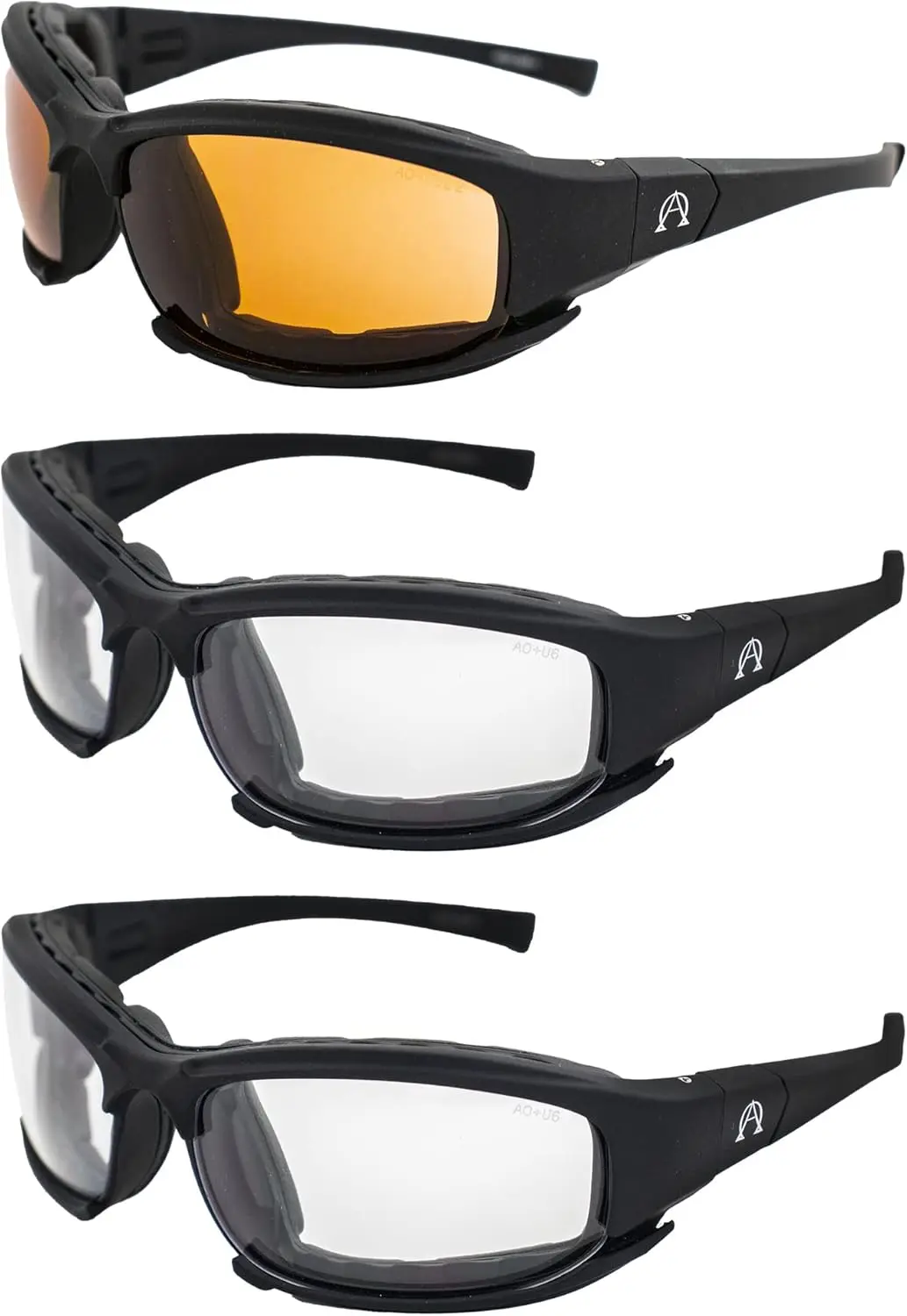 

Motorcycle Sunglasses Foam Padded Riding Safety Glasses Z87.1 Convertible to Goggles for Men or Women 3 Pair Black Frame w Amber