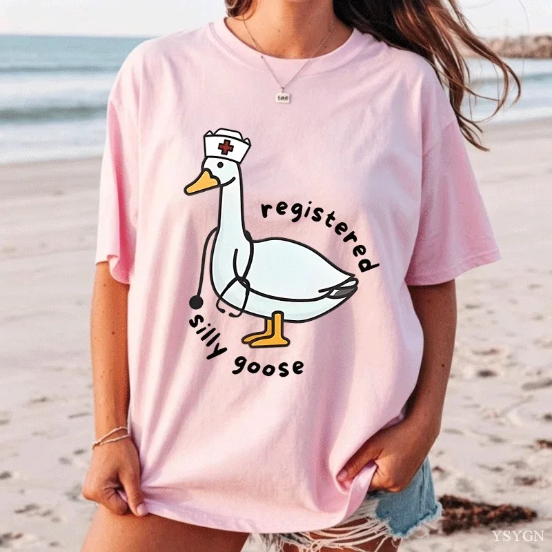 Women Tshirt Registered Silly Goose Nurse Cartoon Art Print Short Sleeve O Neck Cotton Female Top Funny Medical Humor Casual Tee