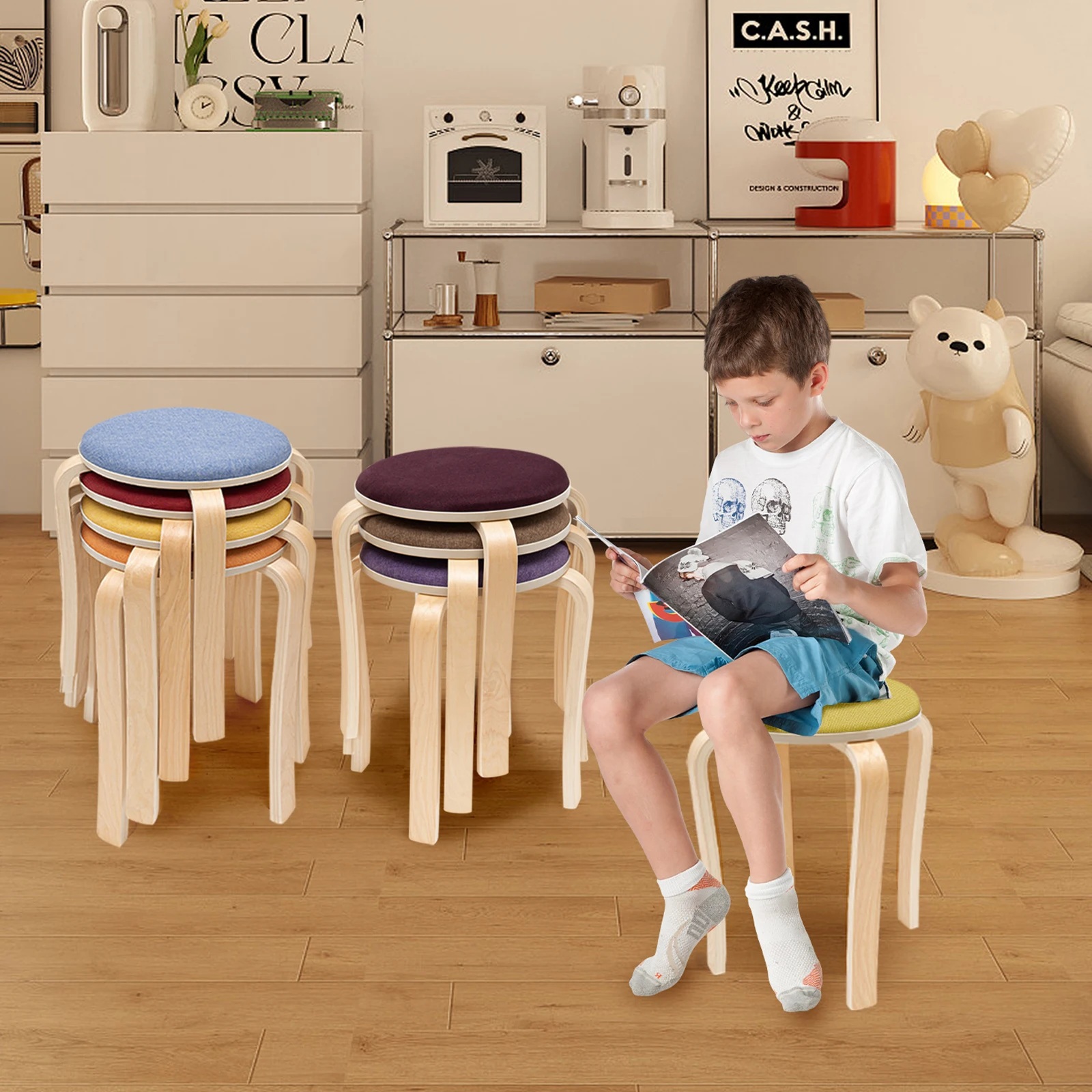 

8-Piece Stackable Round Stool Set, Soft Padded Wooden Seat, Multi-Use for Home & Events, Easy Storage & Space Saving Design