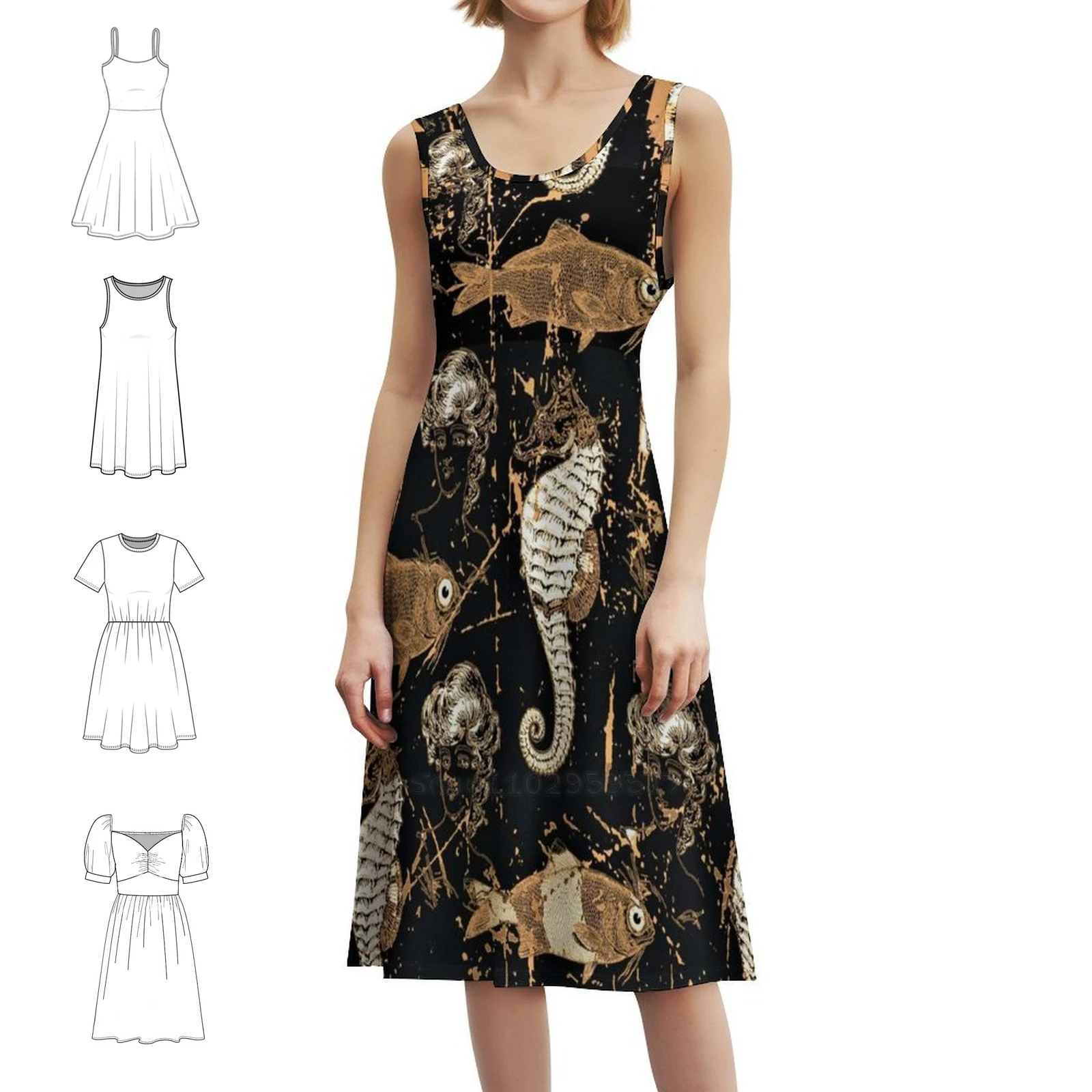 

Винтажное платье с вырезом в форме сердца, элегантное летнее праздничное платье для женщин, винтажное платье с изображением морских существ, рыбы, морские лошади