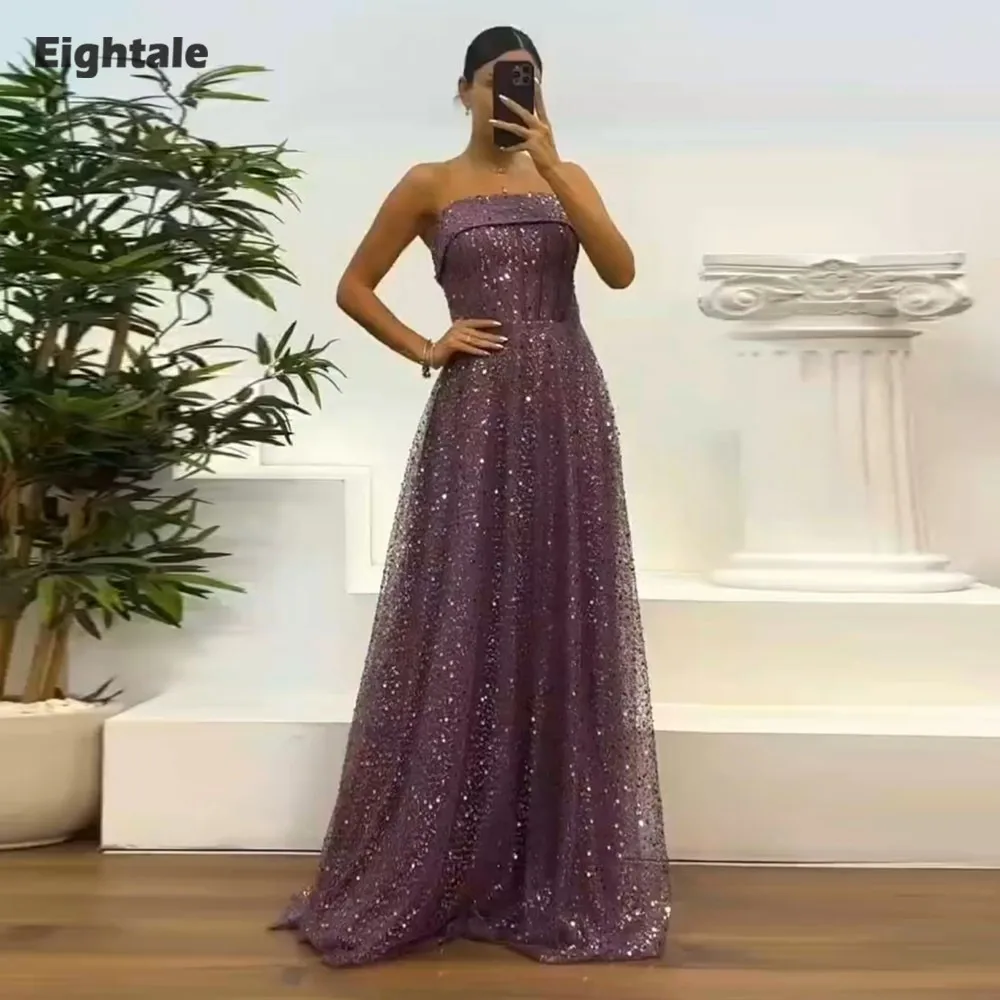 

Eightale Arabic Evening dresses for women Sparkly Strapless Sequin A-Line Purple Customized Prom Party Gown Wedding