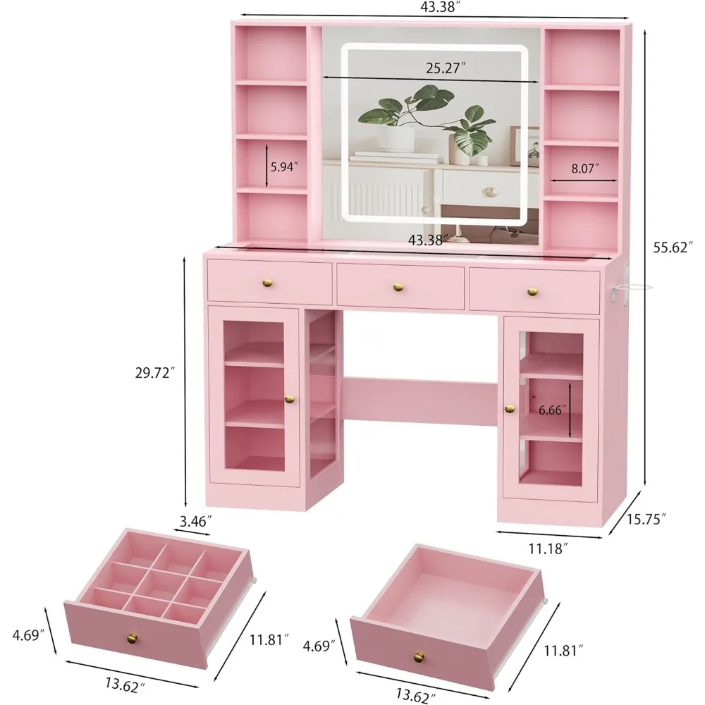 Scrivania da toeletta rosa con specchio e luci, set da toeletta per trucco con specchio illuminato e armadietto in vetro RGB, cassetti, armadietto in vetro