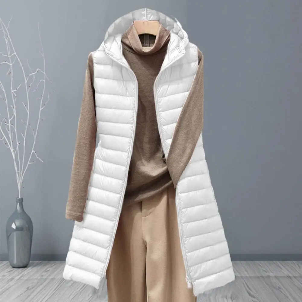 Ladies medium and long style pure color Hooded light down cotton vest jacket autumn and winter slim sleeveless Women Parkas vest