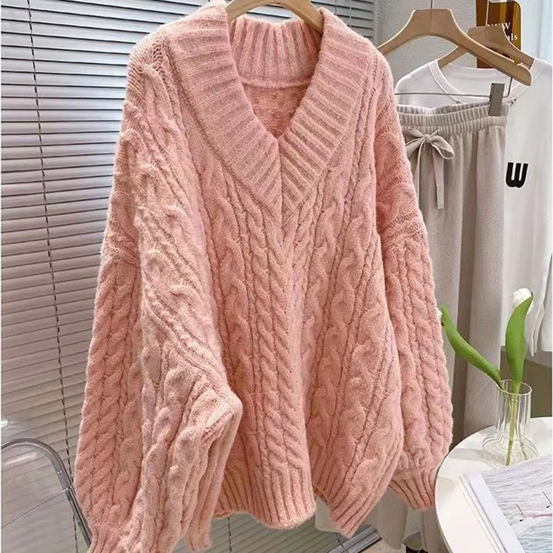 Autumn Winter Harajuku Women Sweater Cute Oversized Knitted Pullover Korean Long Sleeve V Neck Sweater Preppy Solid Loose Jumper