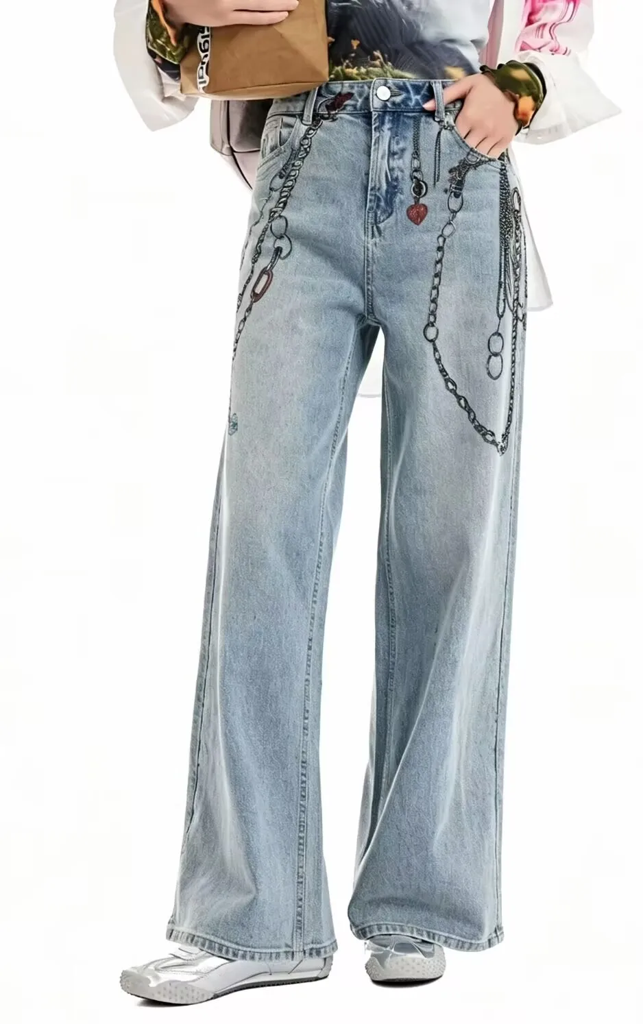 Foreign trade Spain high street heavy industrial print casual loose straight leg wide trousers for women