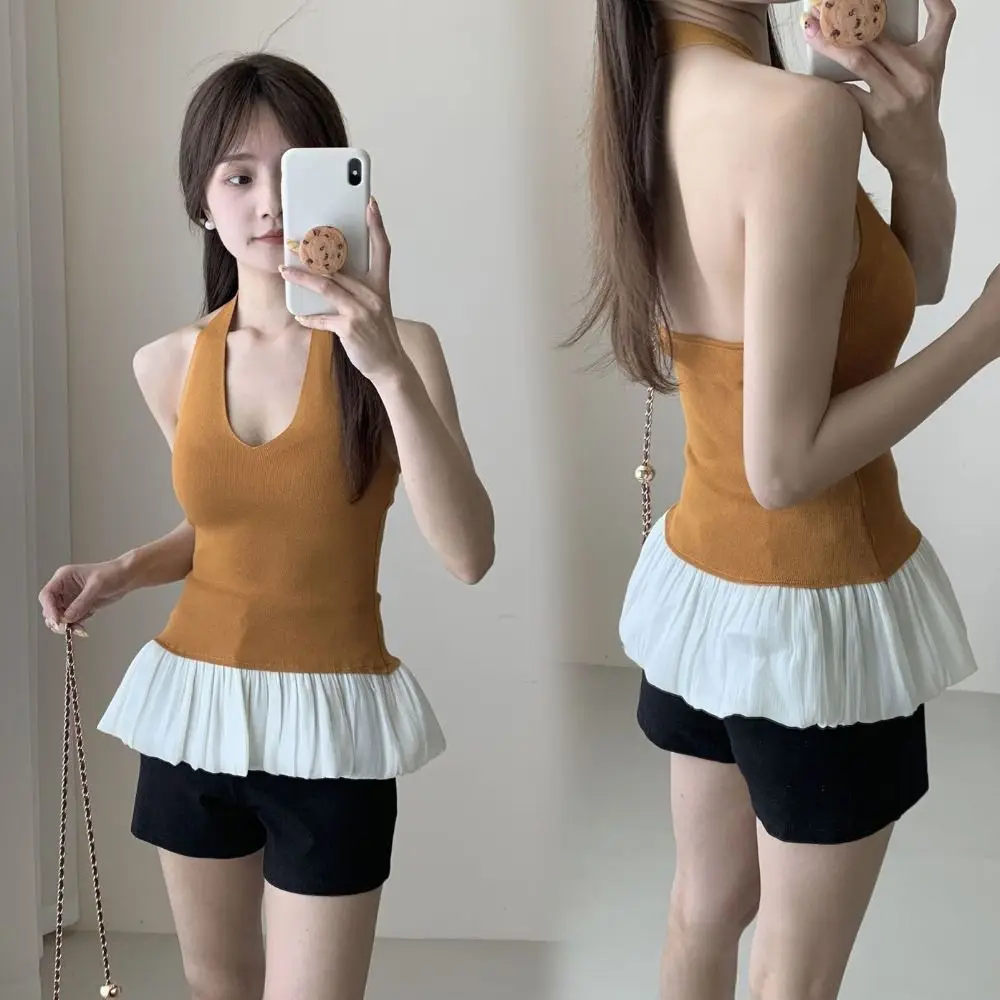 

Fashion Patchwork Knit Crop Top Slim Fit V-neck Halter Camisole Women Vest Sleeveless Sweet Girl's Top Summer