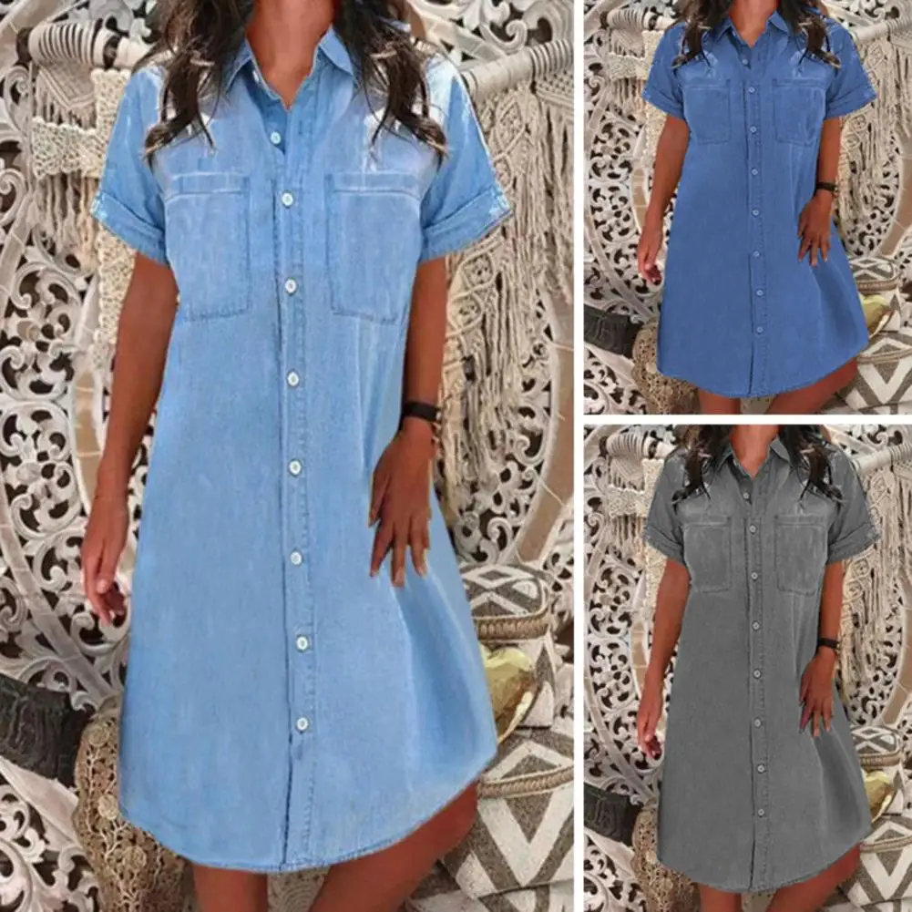 

Denim Dress Solid Color Pockets Summer Buttons Knee Length Dress Streetwear