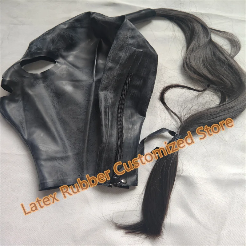 

Womens Lingerie Latex Hood Yellow Rubber Mask with Ponytail Wig Black Hair Back Zip for Party Night Club Cosplay Costumes