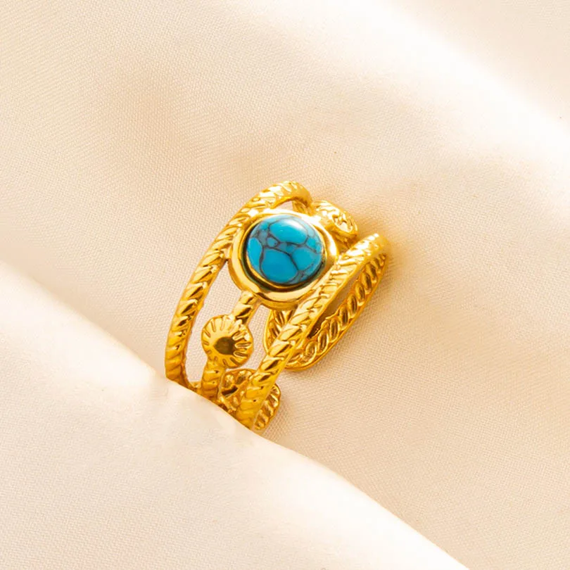 Fashion Gold Plated Bohemia Blue Stone Turquoise Open Ring Minimalist Stainless Steel Knuckle Rings Jewelry Gift For Women Girl