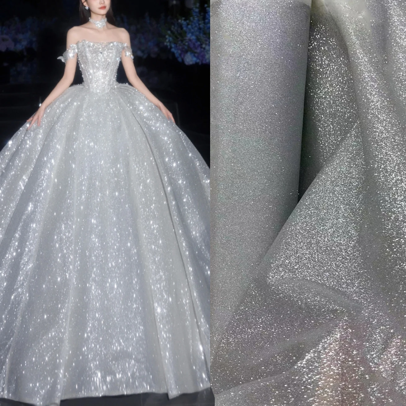 Ivory silver glitters and is crisp Hard mesh fabric for wedding dresses，evening gowns, Christmas decoration diy material