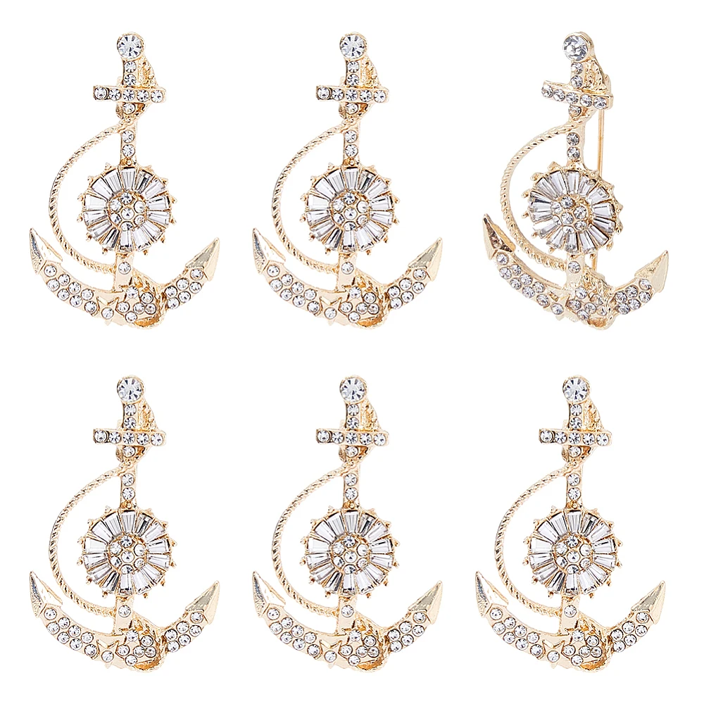 6Pcs Anchor Brooch Lapel Pin Sparkling Rhinestone Anchor Brooch Golden Boatanchor Brooches Nautical Lapel Pins Sparkling Sailor