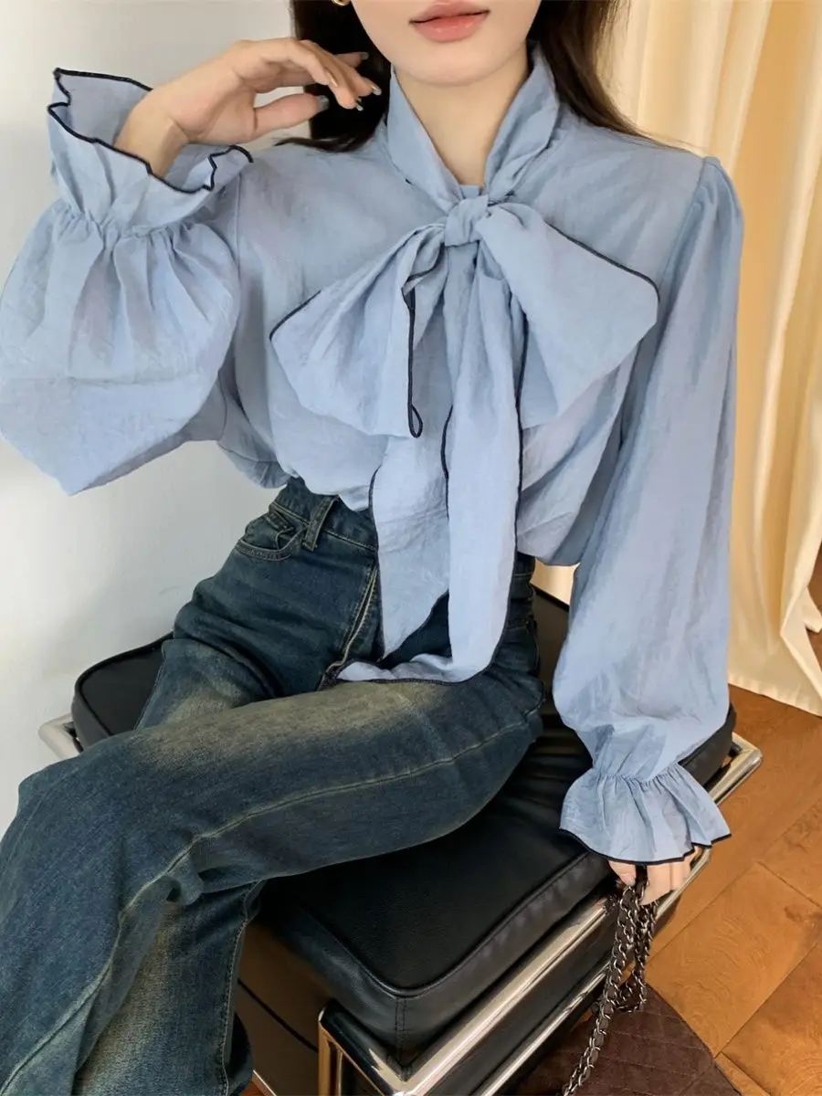 Bubble Sleeve Bow Tie Bottom Shirt for Women\'s Autumn and Winter French Style Interior Shirt Blue Ribbon Design Blouses Shirts