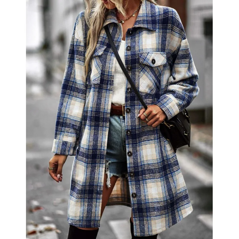 

Faionable Plaid Long Sve irt Jaet Женская повседневная верхняя одежда с отложным воротником Осень-зима Thi Синтетическое волокно