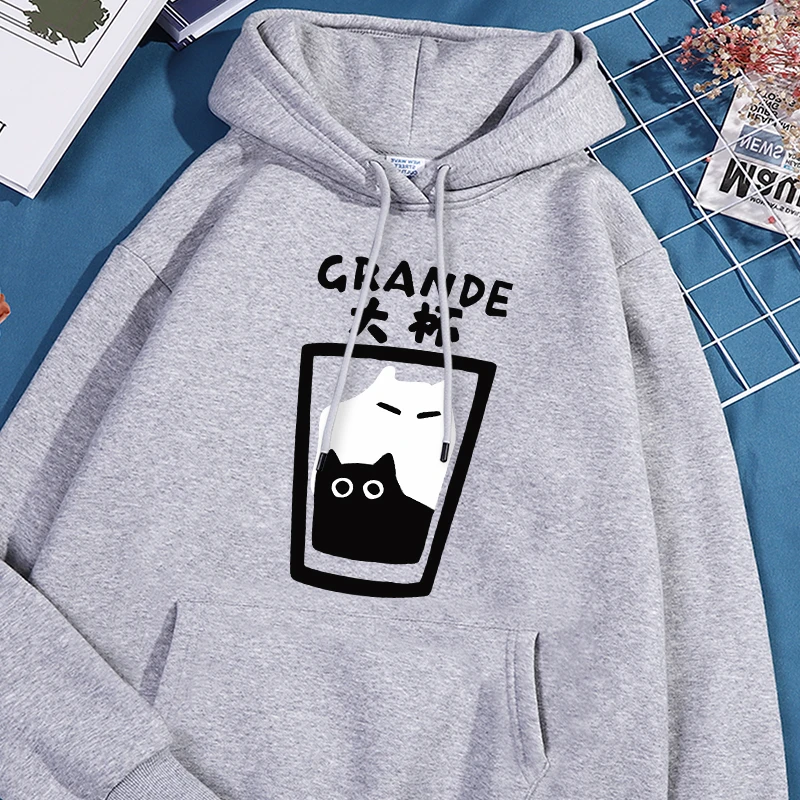 Crande Black And White Cat Printed Male Hooded Vintage Loose Sport Shirts Fashion Simple Sweatshirts Classic Fleece Clothing