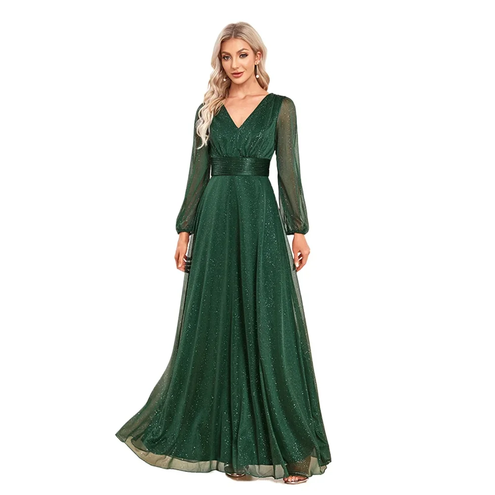 

Elegant V-neck Chiffon Long-sleeved Wedding Party Formal Dress Green