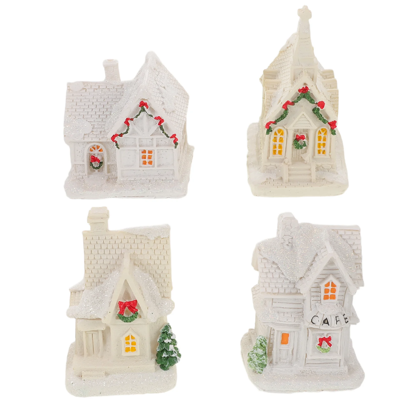 

4Pcs Mini Christmas House Ornaments Illuminated Resin Village Cottages for Desktop Office Holiday Decor Bonsai Terrarium
