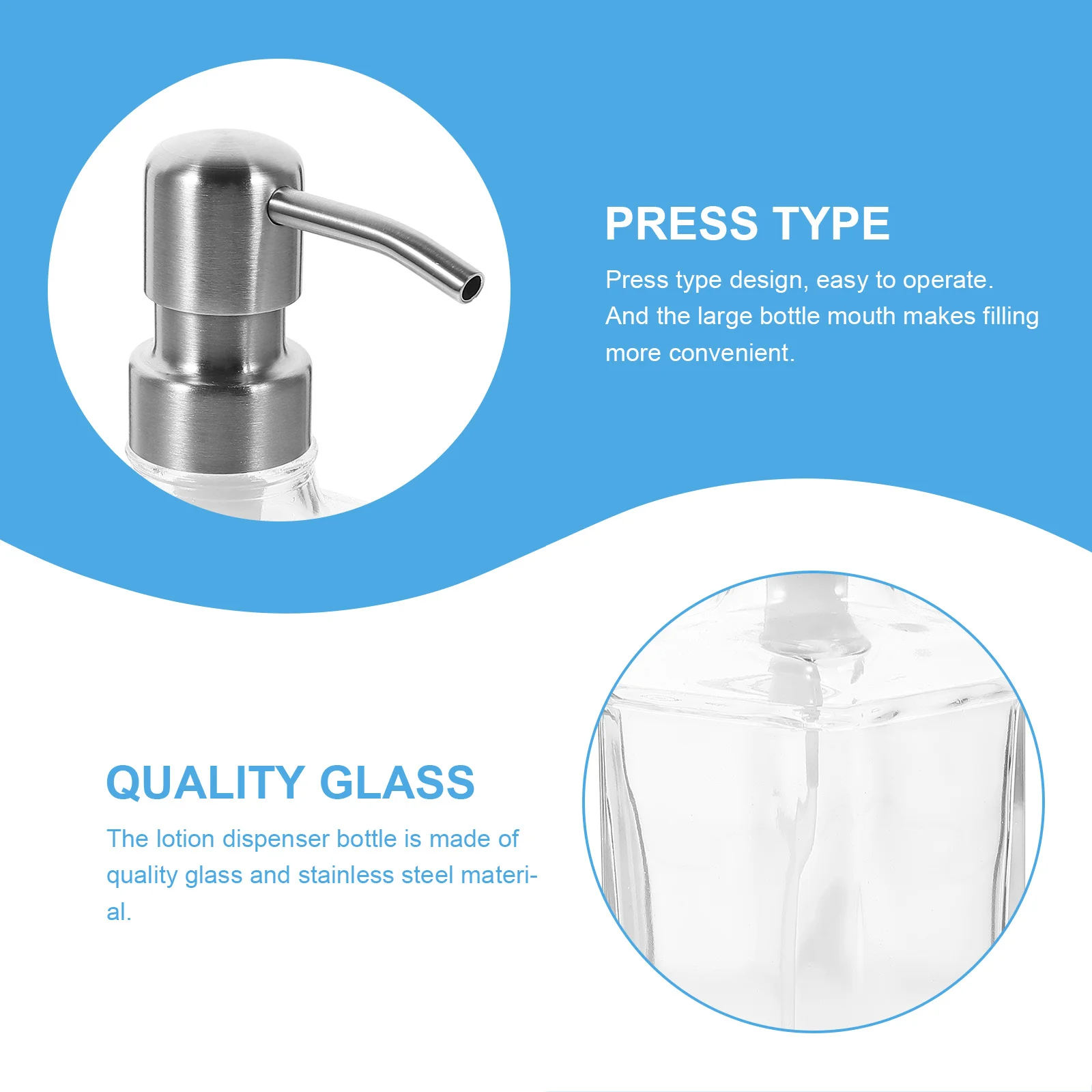 

1Set Glass Stainless Steel Lotion Dispenser Pump Bottle Press Type Refillable Hand Soap Shampoo Container