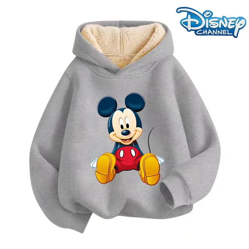 Mickey Mouse Kids Sweatshirt Autumn Winter Hooded Fleece Thick Lambswool Clothes Disney Cartoon Cute Sweet Boys Girls Top Gift