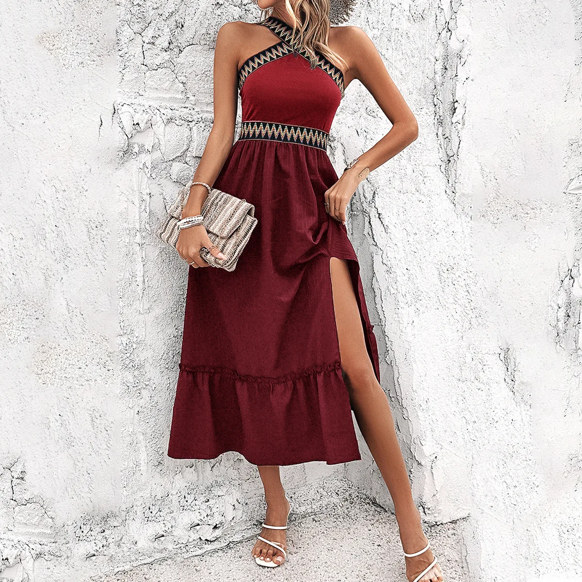 

Elegant Halter Neck Cross Dress Fashion Lady Commuter Long Dress Summer New Contrasting Stitching High Waist Split Dresses Women