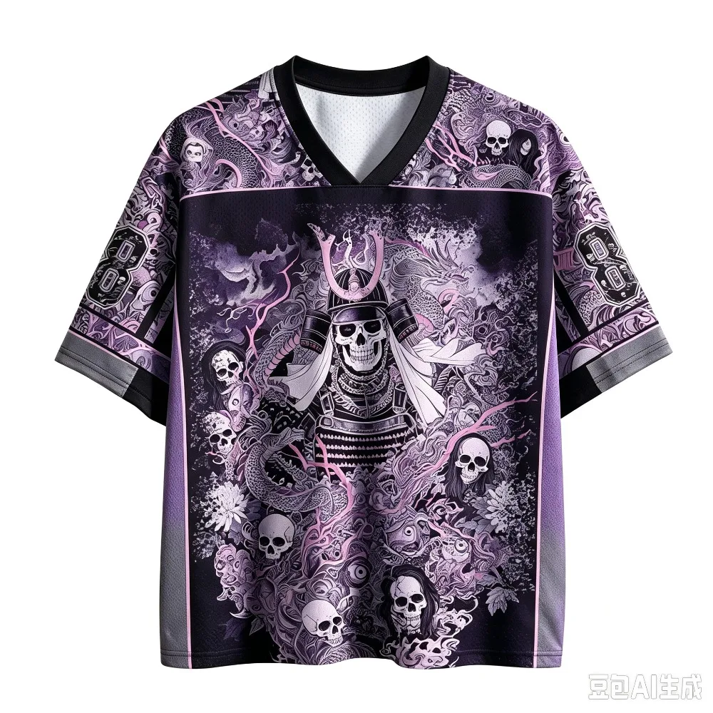 Retro Japanisches Ukiyo-e Samurai-Schädel-Drachen Schnelltrocknend Atmungsaktiv 3D-Druck Herren V-Ausschnitt T-Shirt Street Fashion Hip-Hop Y2K Eltern-Kind – Detail 4