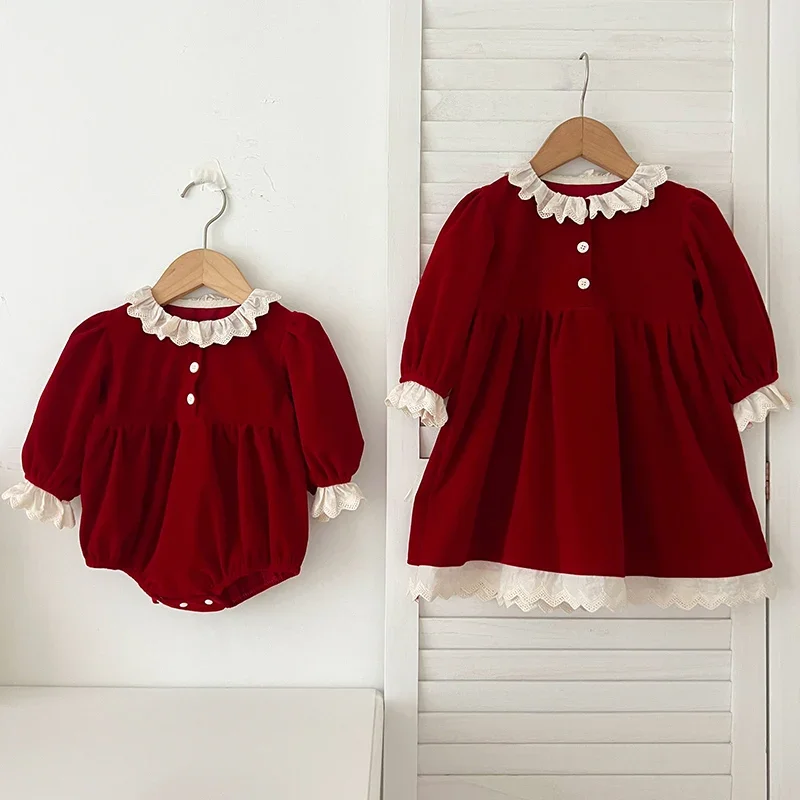 Christmas Kids Party Dress Sisters Girls Princess Dress Autumn Lace Long Sleeved Cotton Splicing Baby Bodysuits Sisters Clothes