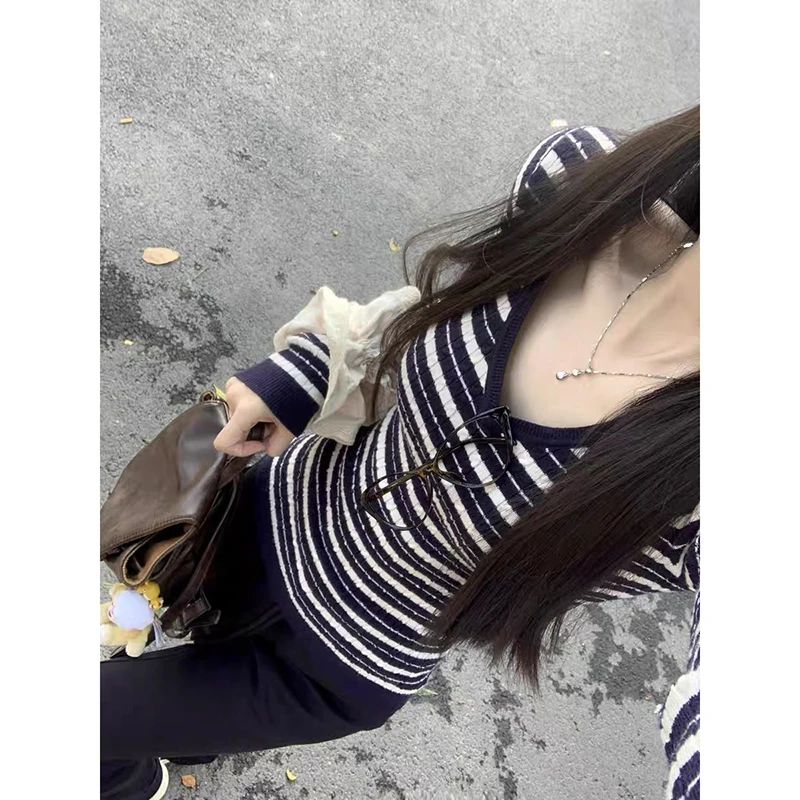 YIBASHU Women Blue Striped Pullover V-Neck Sweater Vintage 2000s Jumper Knit Long Sleeves Cashmere Sweater Women Autumn Winter