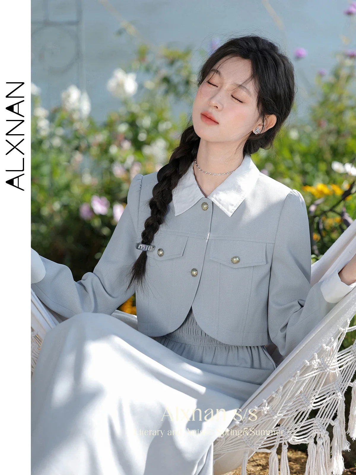 

ALXNAN Women's French Cropped Blazer Jackets Spliced Lapel Collar Long Sleeve 2024 Autumn Commuter Tailored Coat Female L33723SY