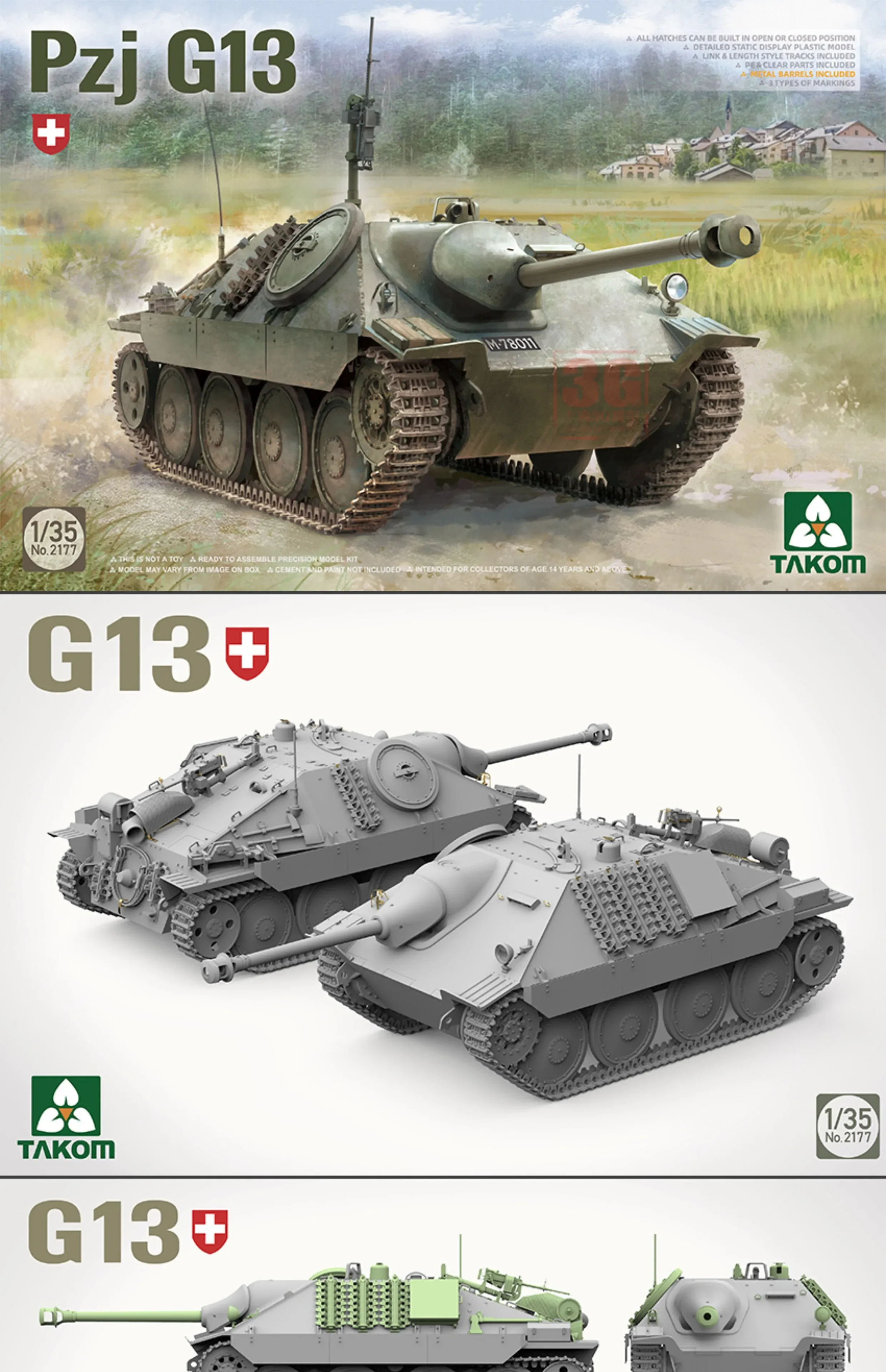 TAKOM 조립 탱크 모델 키트, 2177 스위스 스토커 Pzj G13 탱크 구축함 1/35