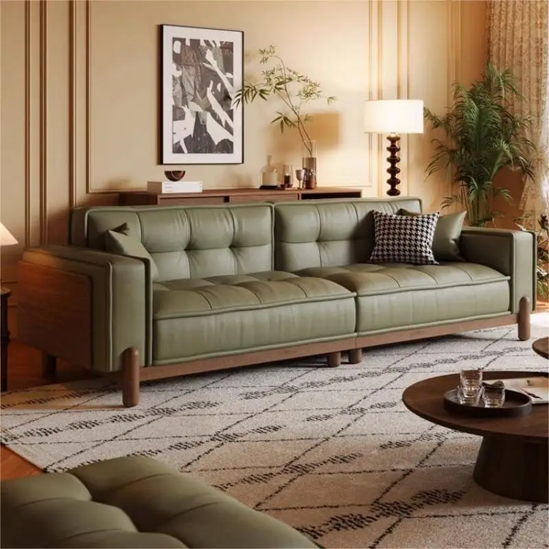 Nordic Retro Genuine Leather Sofa Mid-Century Solid Wood Minimalist Top Grain Cowhide Straight Set for Small Living Room