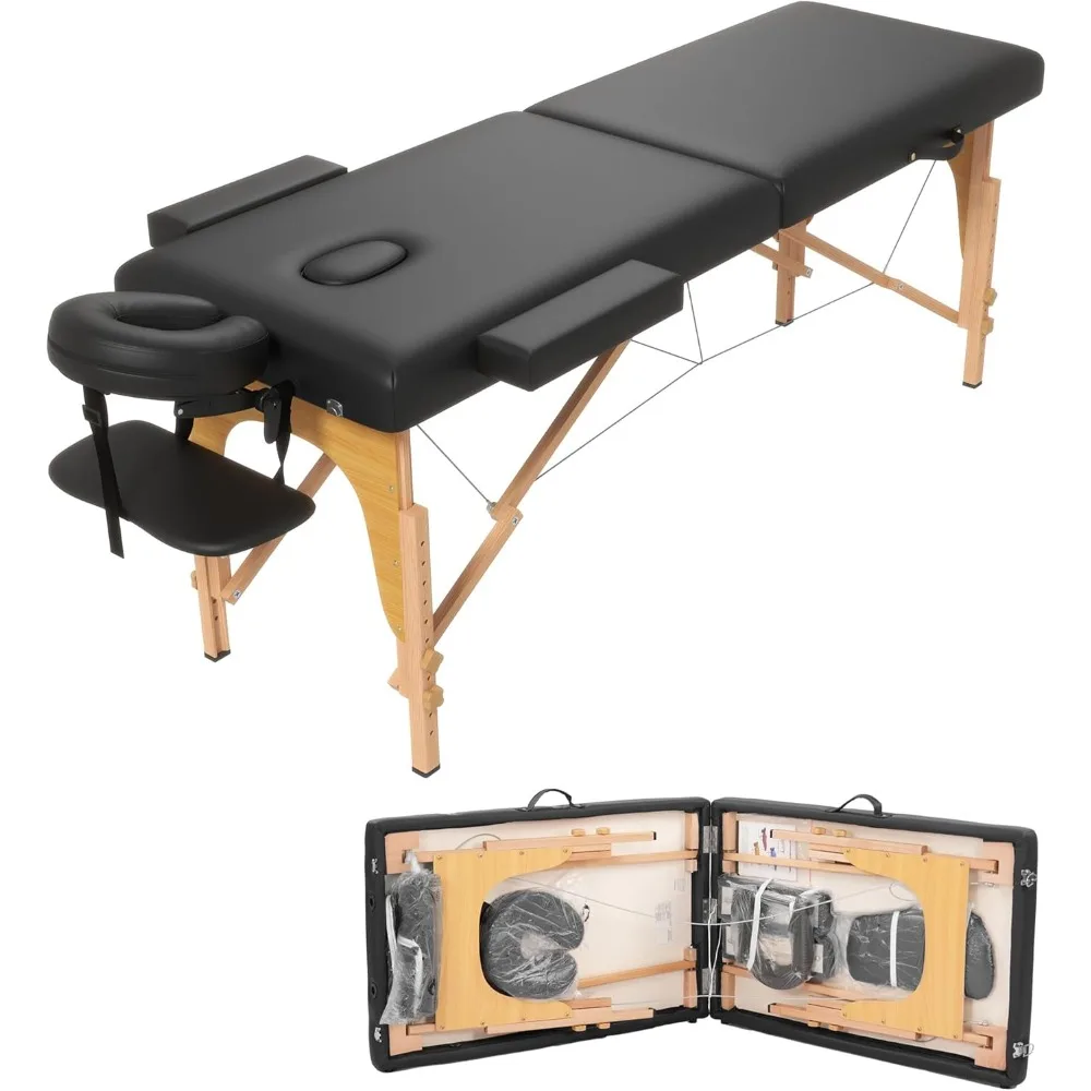 

Massage Table, Portable 2 Section Foldable Tattoo Beds, Height Adjustable Light Weight Facial Salon Bed w/Face Cradle&Wood Frame