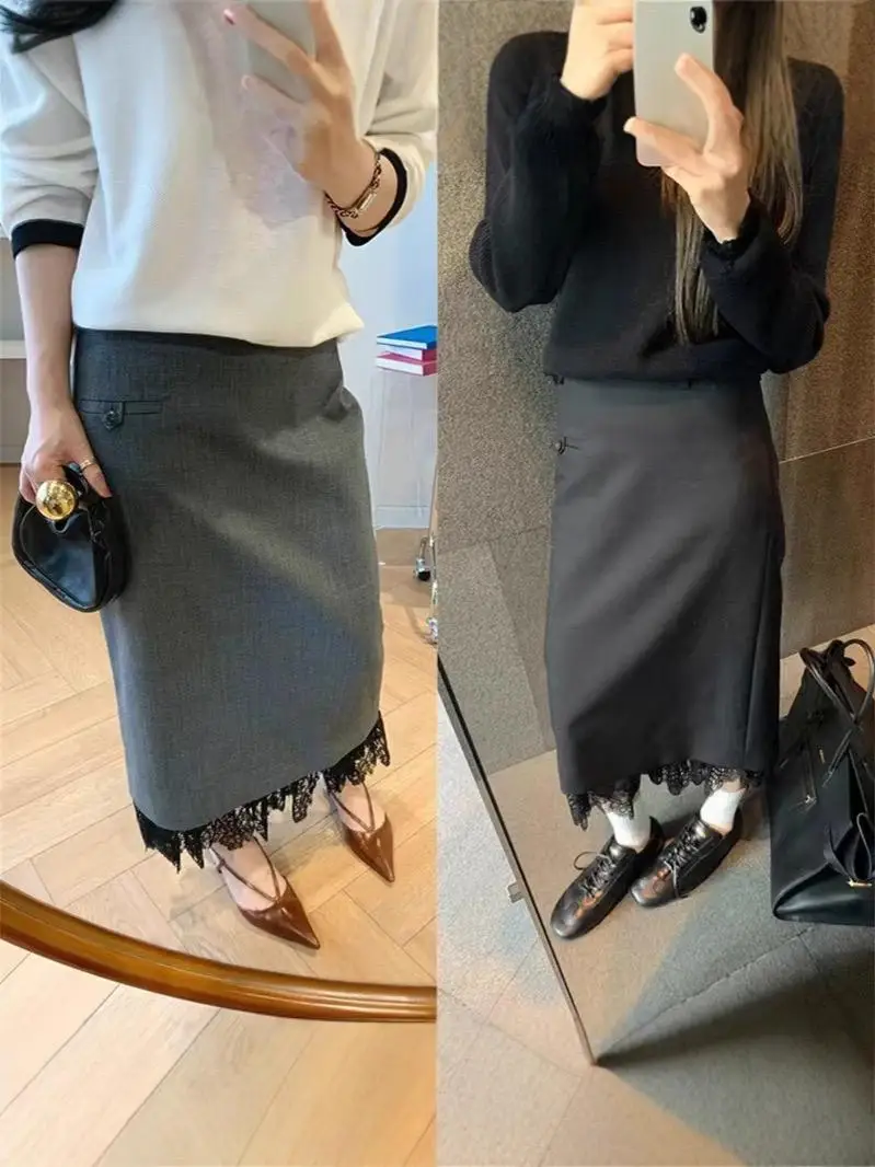 

Ele Double Layered Lace Trim Suit Skirt Wrap Hip f Length Dr Autumn Winter New Sle Ele Gentle Splicing Skirt