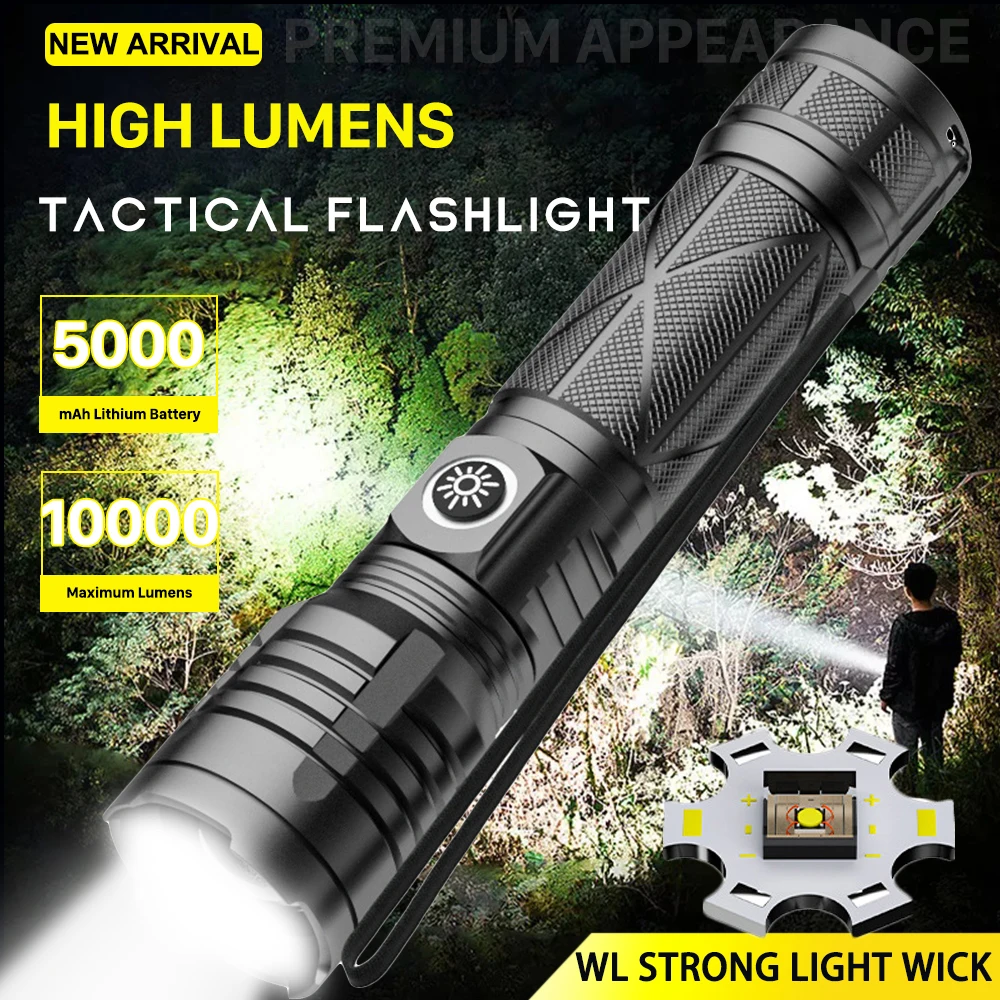 10000 Lumens LED Flashlight Rechargeable High Power 26650 Lithium Battery Tactical Lantern Zoomable Torch for Camping Emergency