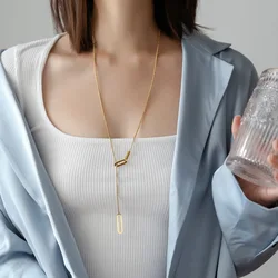Stainless Steel Temperament Hollow Rectangle Cross Long Pendant Necklace for Women Luxury Design Gold Color Jewelry Colorfast