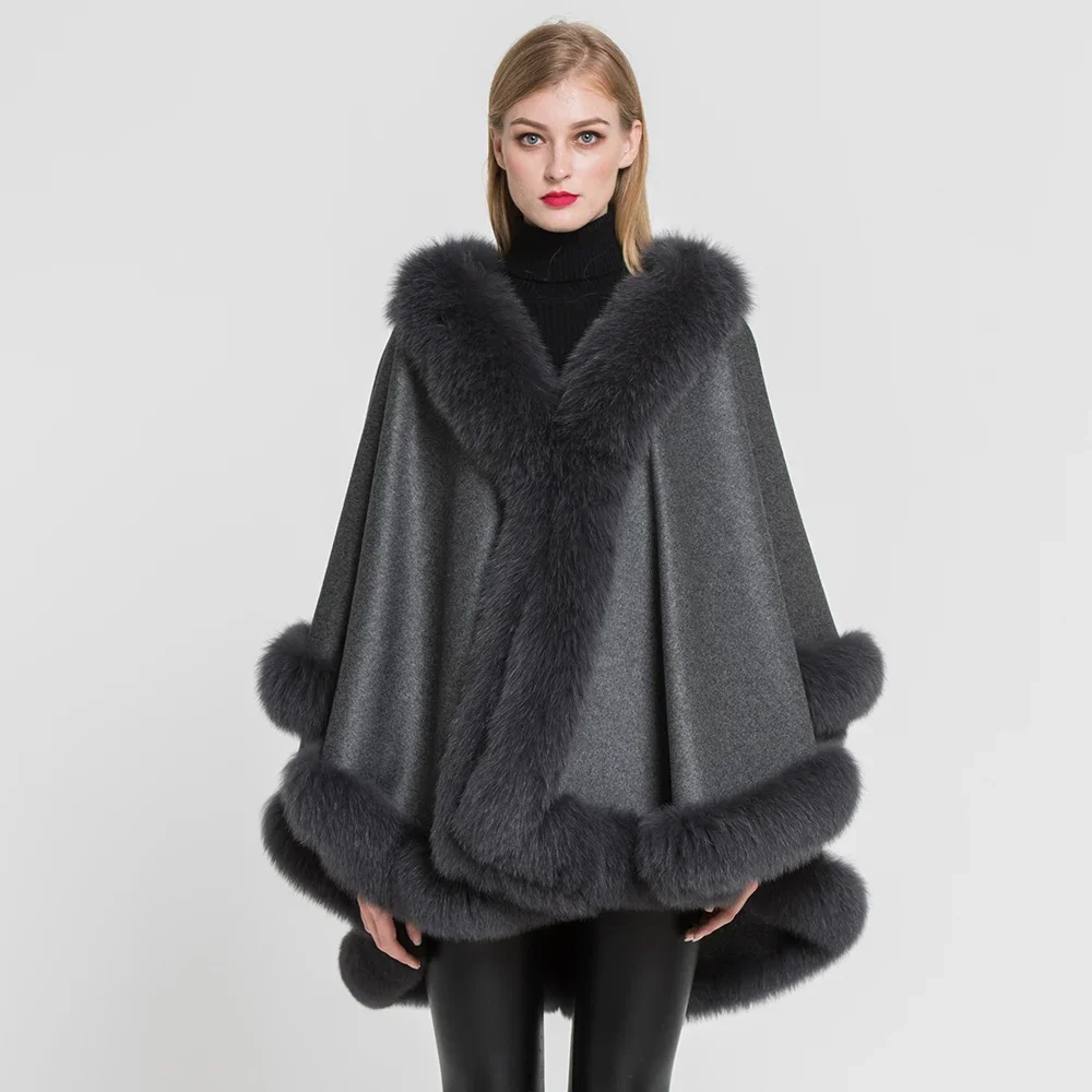 New Arrival Women 100% Real Cashmere & Fox Fur Poncho Fashion Warm Fur Capes