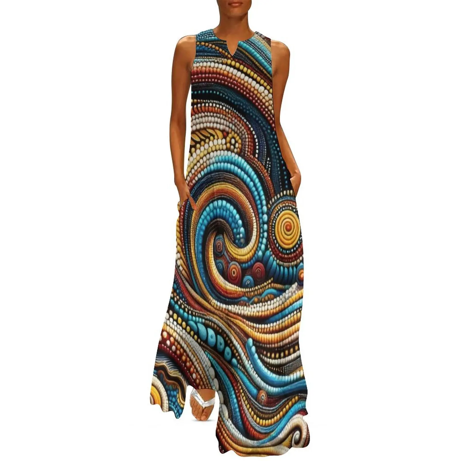 

Abstract waves. Dot painting pattern. Aboriginal Australian art. Australia. Indigenous. Noongar. Long Dress evening dress ladies