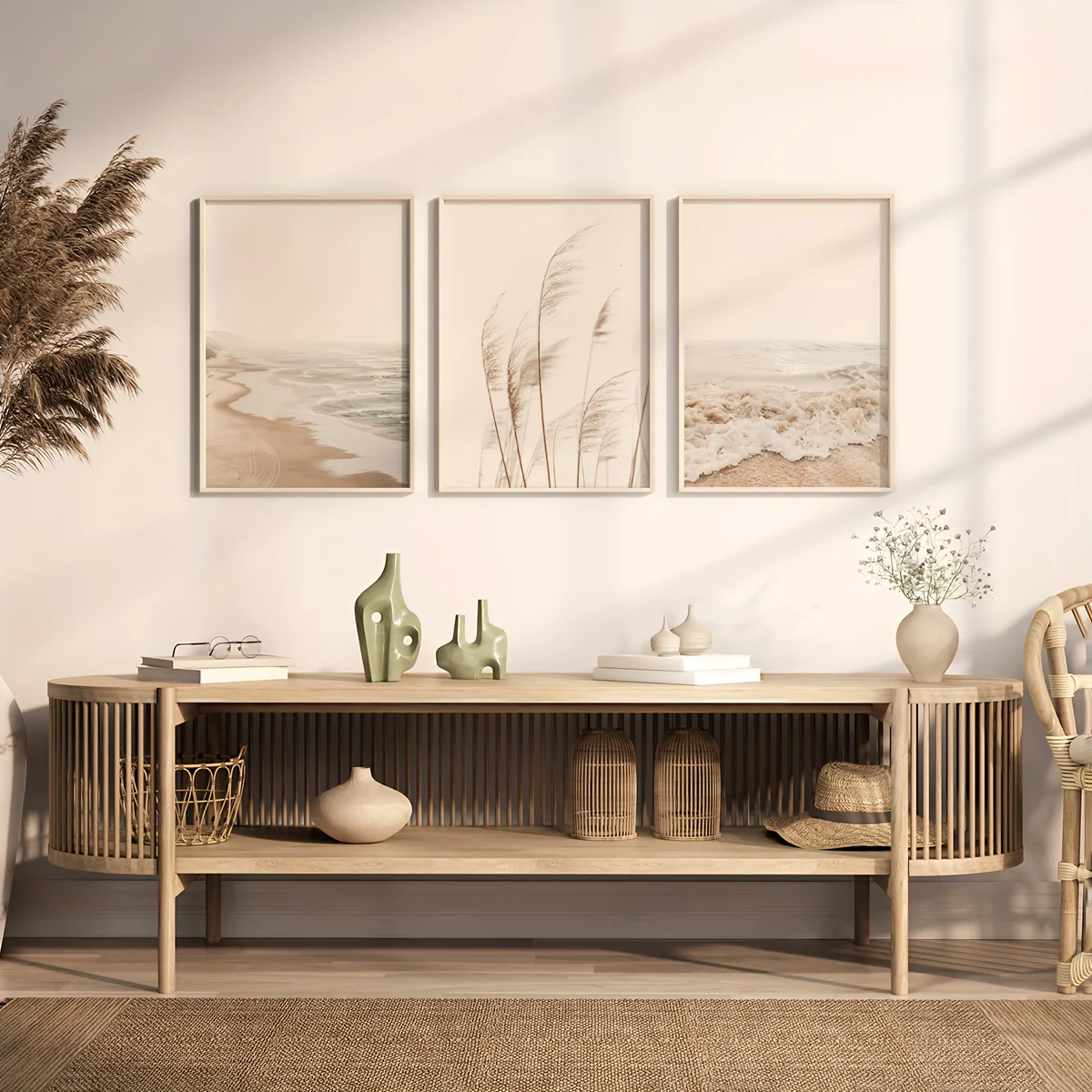 （3PCS NOFrame）-Three frameless canvas sea waves, Bohemian decorative beige beach print coastal mural, grassland print minimal