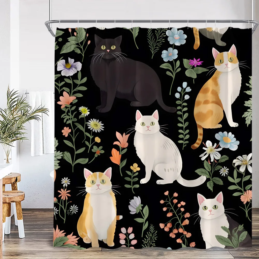 Funny Cat Shower Curtain Cat Riding Shark Dinosaur Flower Floral Polyester Bathtub Curtain Space Planet Bathroom Decor with Hook