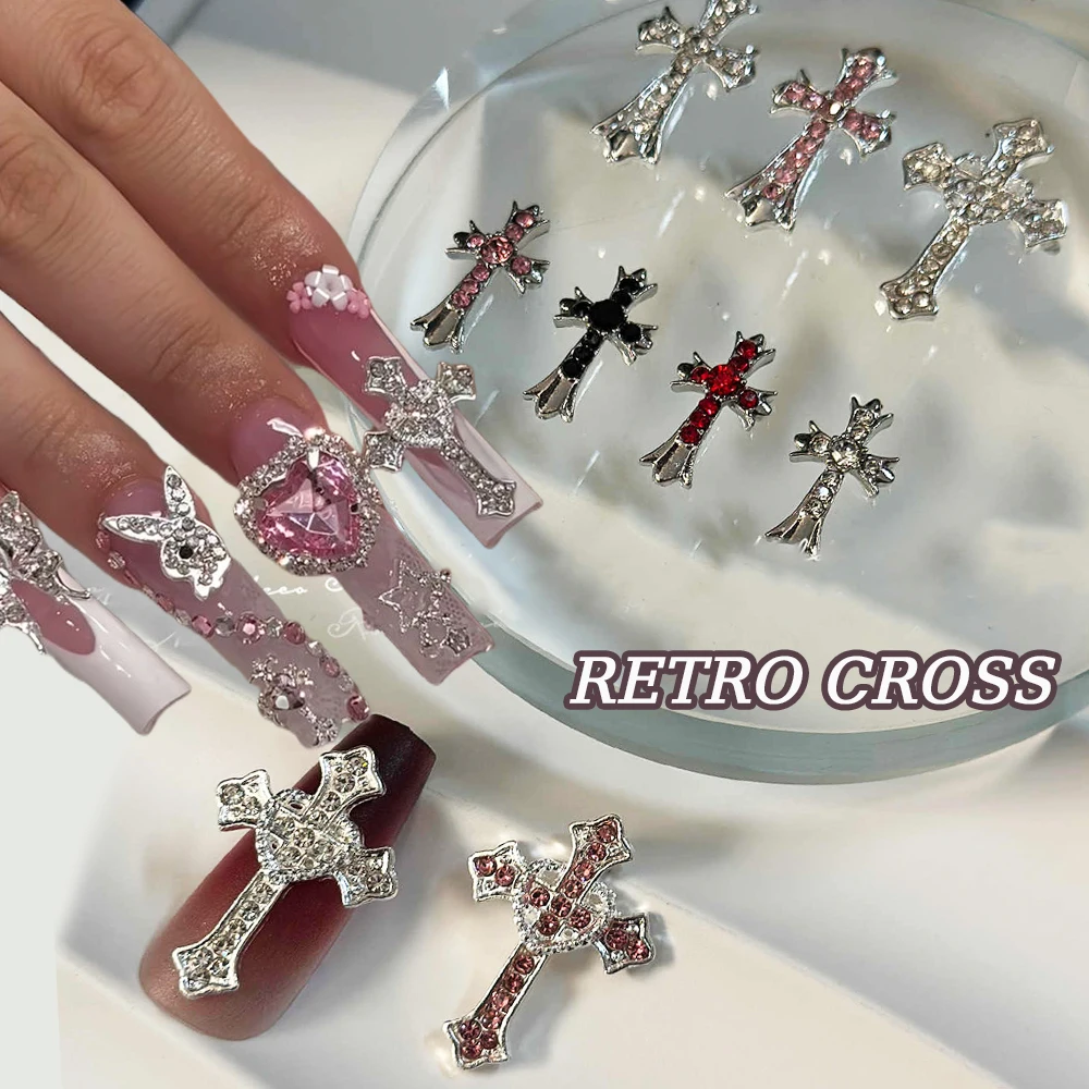 5pcs/Bag Full Crystal Diamond Cross-shape Pink Heart Rhinestones Sweet Cool Cross Metal Nail Charms 3D Retro Cross Nail Supplies