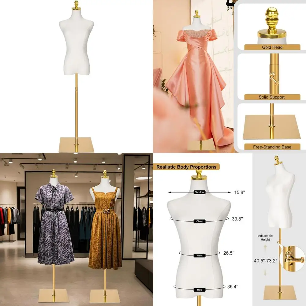 

Регулируемый по высоте женский манекен для одежды, золотистый, белый, с металлическим основанием, 40-73 дюйма