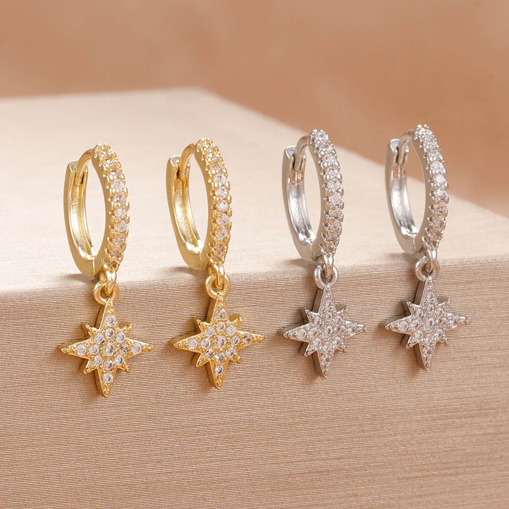 New Star Zircon Stainless Steel Pendant Hoop Earrings For Women 18K Gold Plated Pendientes Wedding Party Jewelry Accessory
